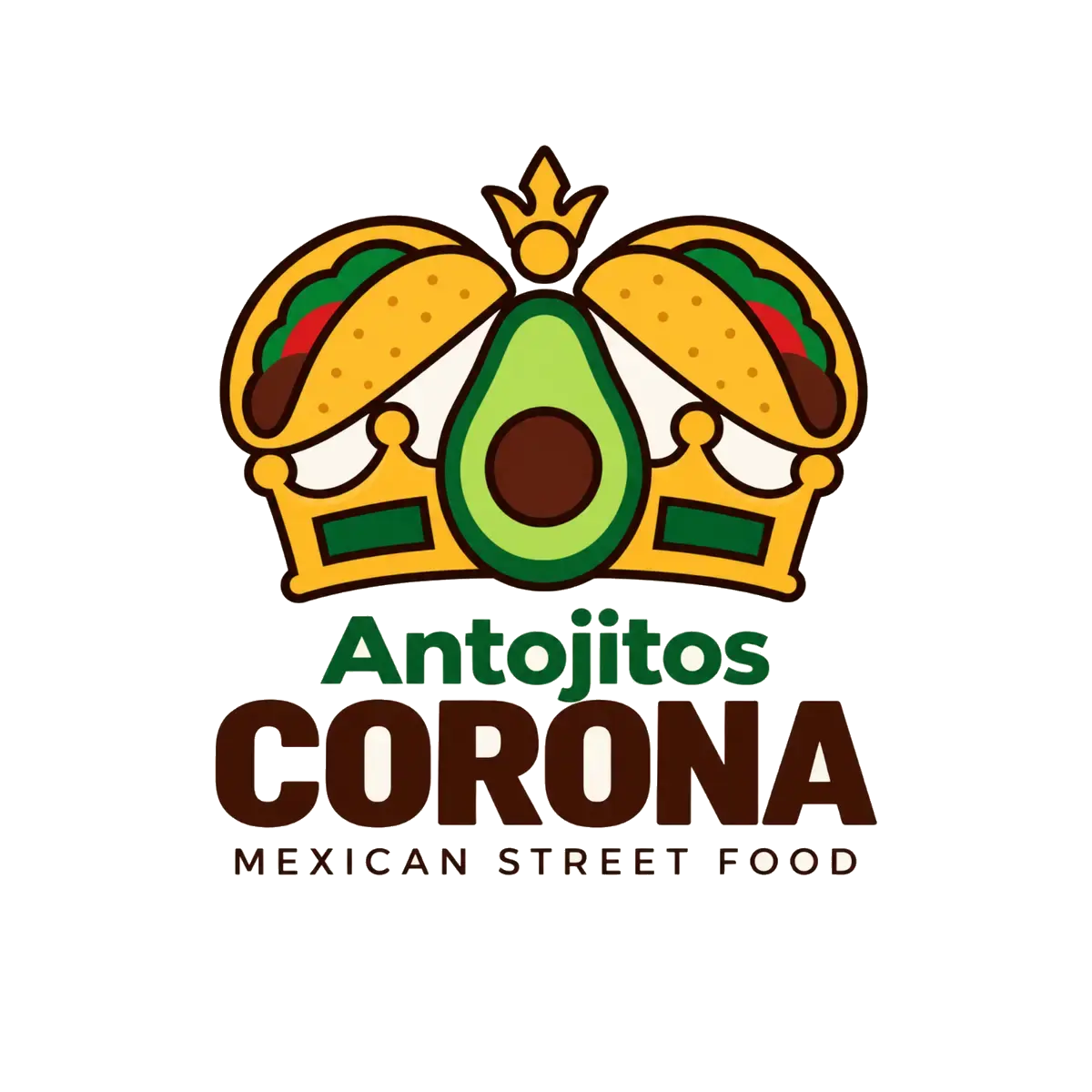 Logotipo nuevo de Antojitos Corona: un aguacate con corona entre dos tacos, con el nombre y el lema Mexican Street Food