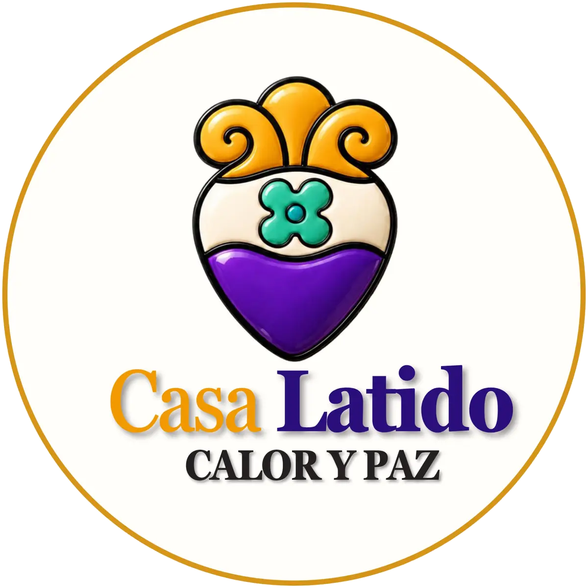 Logo de Casa Latido: un corazón con corona en espiral y una flor de cuatro puntas, con el lema Calor y paz