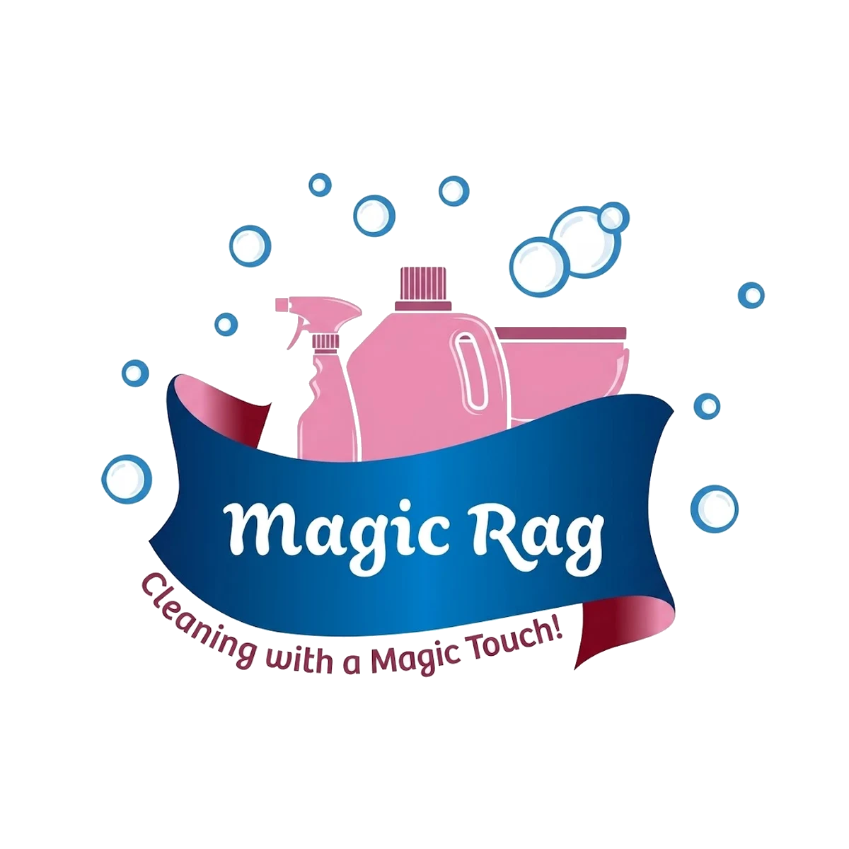 Logotipo de Magic Rag: un listón azul con el nombre, frascos de limpieza y burbujas, con el lema Cleaning with a Magic Touch